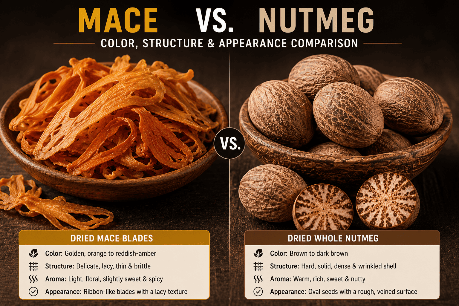 Dried mace blades (golden-amber) compared to dried whole nutmeg (brown shell) showing color and structure differences