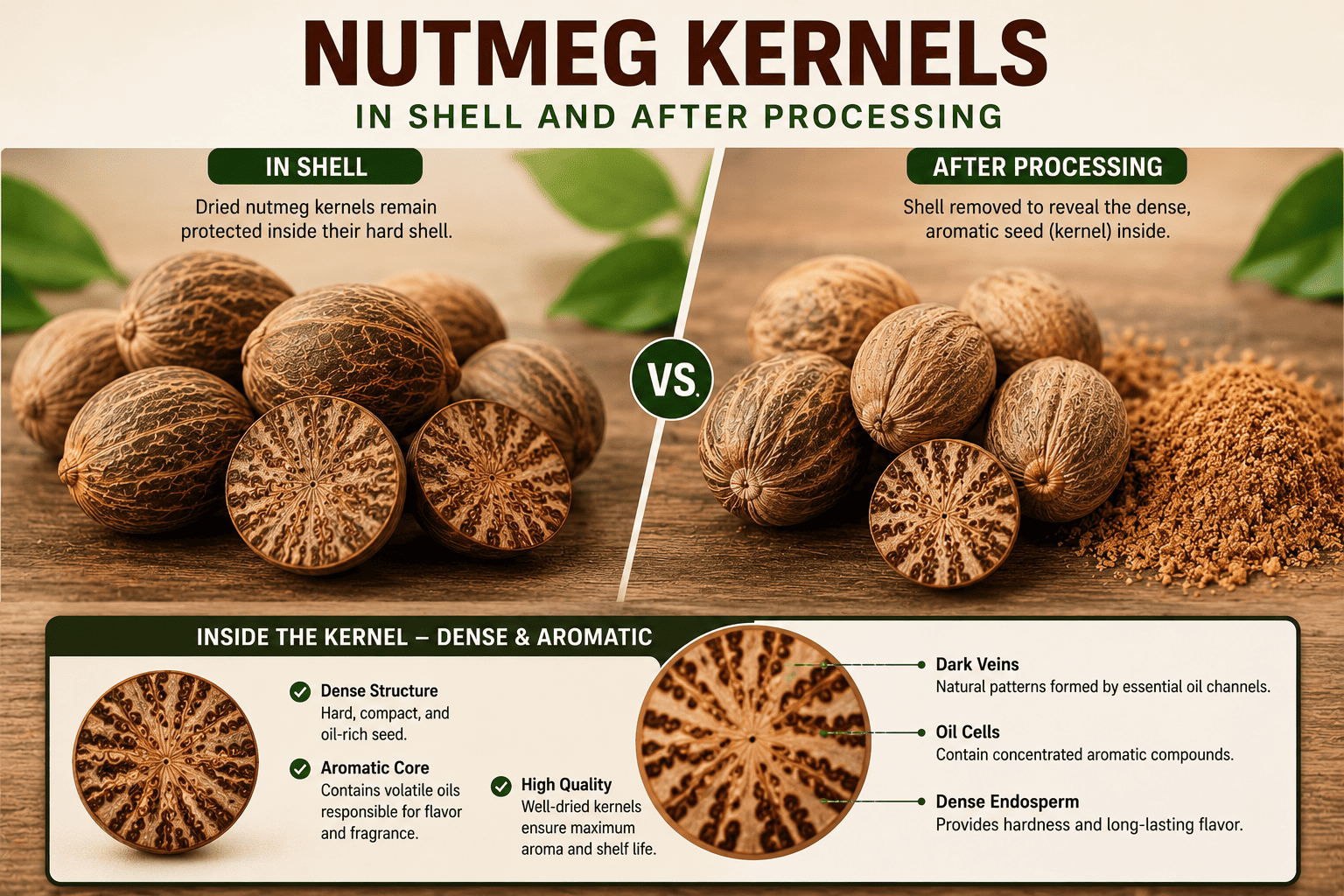 Dried nutmeg kernels in shell and after processing showing dense seed structure