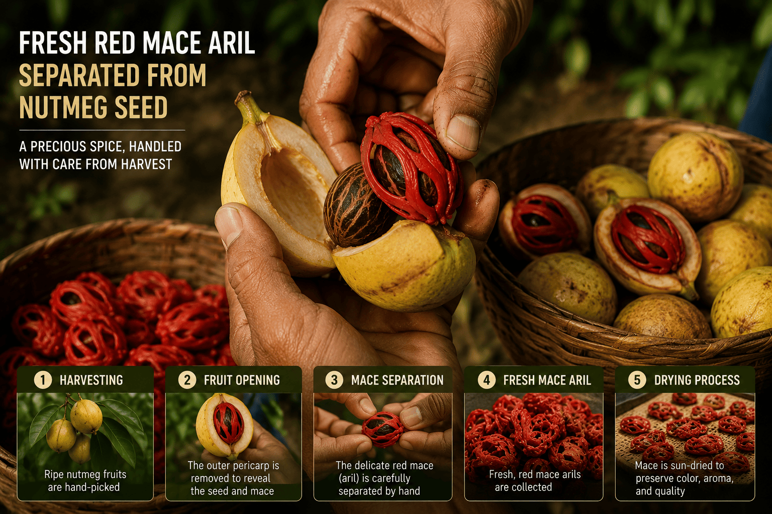 Fresh red mace aril being carefully separated from nutmeg seed during harvest