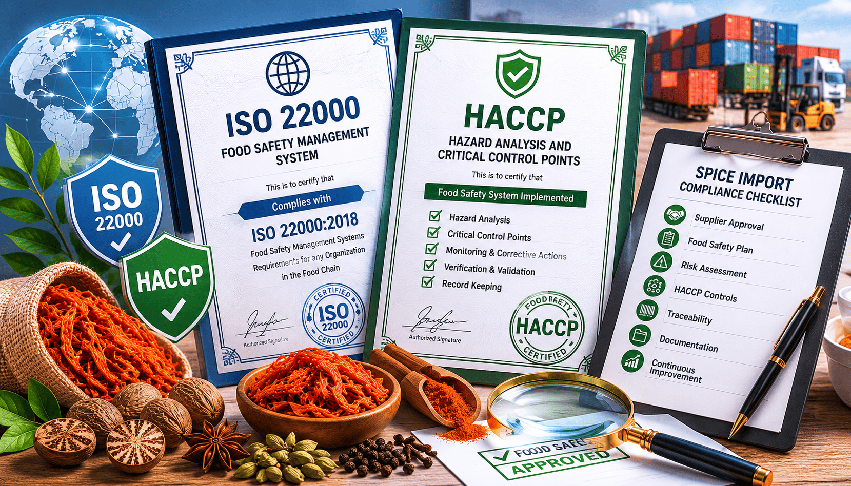ISO 22000 and HACCP food safety certification documents for spice import compliance
