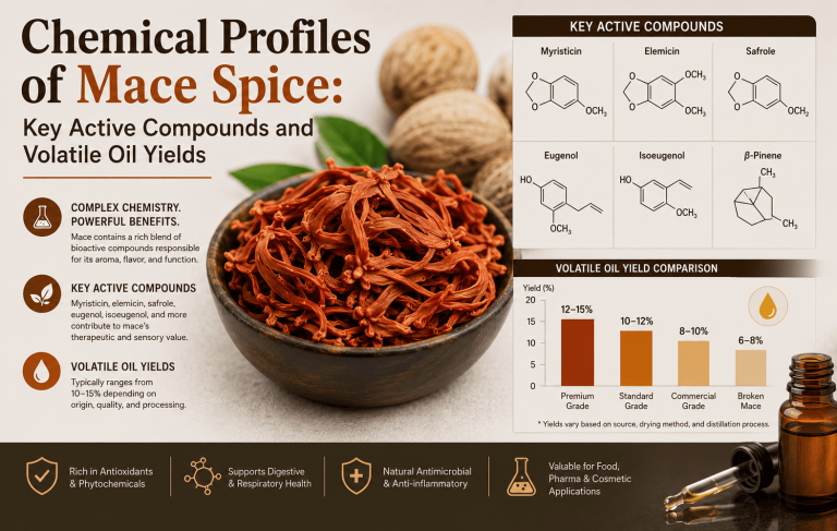 Chemical Profiles of Mace Spice: Key Active Compounds and Volatile Oil Yields